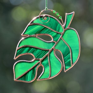 Stained glass monstera leaf suncatcher, stain glass plant, window hanging green leaves suncatcher