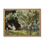 Vintage Garden Reading Art Print – Woman in White Dress Reading Beneath Blooming Roses in Sunlit Yard, Impressionist Floral Scene