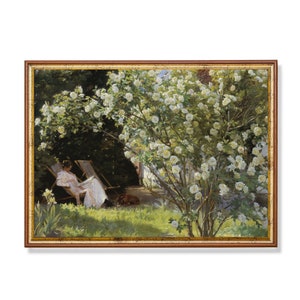 Vintage Garden Reading Art Print – Woman in White Dress Reading Beneath Blooming Roses in Sunlit Yard, Impressionist Floral Scene