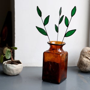 Stained Glass green Leaves on a Stem, Single Branch, plant suncatcher, Sun Catcher,