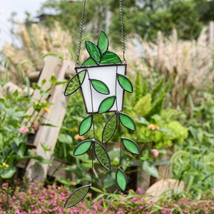 Handmade Hanging Plants Garden Decor,Plant suncatcher,Hanging window stained glass art,Green Leaf Stained Glass Art, Home decor,Gift for Mom