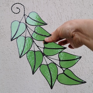 Garden Tree Branch Stained Glass Leaf Suncatcher Window Hanging or Wall Decor. Handcrafted Green Leaves Foliage Sun Catcher