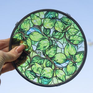 Green Leaves Suncatcher Stained Glass, Greenery Decor, Leaves Glass Art, Window Hang Plant, Handcmade Glass Decor, Nature Inspired Glass