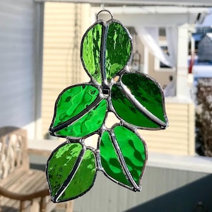 Stained Glass Spring Green Leaves Suncatcher / Window Decoration (Original Design/Handmade)