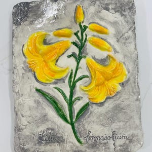 Botanical Wall Art: Yellow Lily Ceramic Wall Hanging | Handmade Floral Wall Art