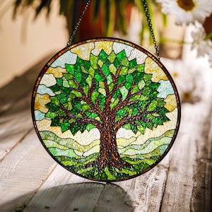 Stained Glass Tree Suncatcher Green Leaves Nature Window Gift for Mother
