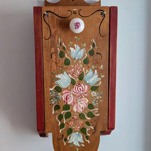 Vintage Scandinavian Handmade Wall Shelf Openable Storage Floral Tole Design Hand Painted Signed Folk Art