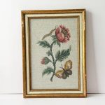 Vintage Handmade Needlepoint | Flower, Butterfly, Caterpillar | Framed Textile Art | Cottagecore, Shabby Chic Wall Decor
