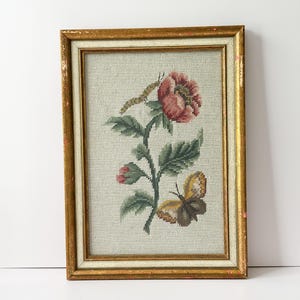 Vintage Handmade Needlepoint | Flower, Butterfly, Caterpillar | Framed Textile Art | Cottagecore, Shabby Chic Wall Decor