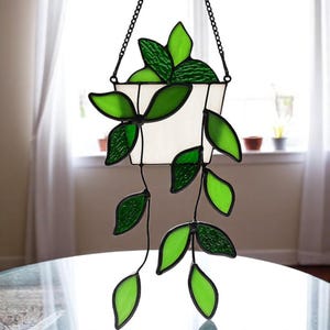 Handmade plant stained glass suncatcher hanging window decor green leaf glass art for home garden gift for mom nature inspired window art