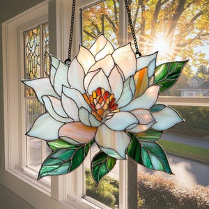 White Magnolia Acrylic Suncatcher – Faux Stained Glass Window Hanging with Green Leaves, Southern Floral Decor for Garden or Kitchen