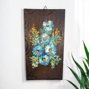 Vintage blue floral oil painting on wood panel/ wall decor handmade/cottagecore/rustic wall art/blue floral bouquet