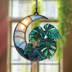 Monstera Moon ACRYLIC Suncatcher, Faux Stained Glass Hanging with Lush Green Leaves and Crescent Shape, Nature Window Gift Art