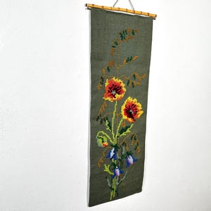 Vintage Scandinavian cross-stitch wall hanging – handmade floral tapestry, retro mid-century needlepoint art, embroidered textile decor
