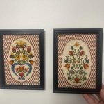 Vintage Crewel Embroidery Wall Art - Folk Art Floral Trees, Framed Textile Art (Set of 2)