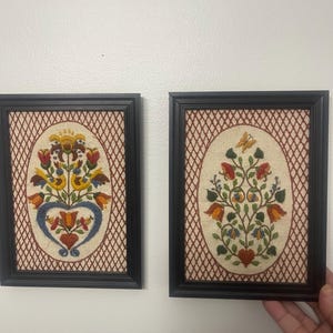 Vintage Crewel Embroidery Wall Art - Folk Art Floral Trees, Framed Textile Art (Set of 2)
