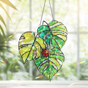Monstera Leaf Suncatcher with Ladybug, Window Hanging Decor, Plant Succulent, Home Garden, Iridescent Wall Art, Jungle Plant Lover Gift