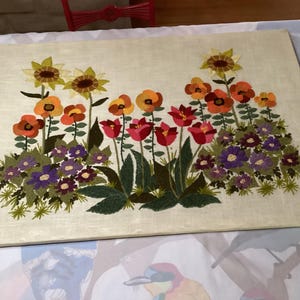 Vintage MCM hand made crewel floral scene, Paragon Full Bloom, wall decor art hanging