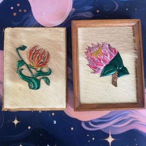 Vintage Copper Flower Wall Art on Animal Hide – Handmade Botanical Decor (Set of 2)