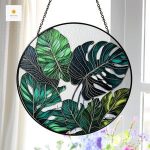 Large Monstera Stained Glass Suncatcher – Tropical Leaf Window Panel, Handmade Green Glass Art for Plant Lovers, Botanical Wall Decor