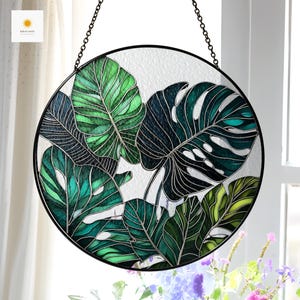 Large Monstera Stained Glass Suncatcher – Tropical Leaf Window Panel, Handmade Green Glass Art for Plant Lovers, Botanical Wall Decor