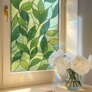 Green Leaf Stained Glass Window Film – Green Botanical Privacy Cling, Self Adhesive Peel & Stick Vinyl Decal for Home Decor, Custom Size