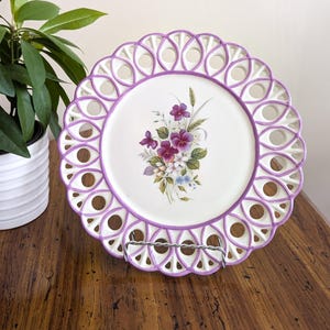 Vintage Decorative Plate / Handmade Ceramic Plate with Purple Florals and Pierced Rim / Wall Hanging / Vintage Home Decor