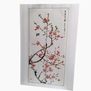 Vintage Chinese Plum Blossom Painting, Signed Bird Art, Watercolor On Paper, 27x13, Asian Art, Calligraphy, Chinoiserie Wall Decor