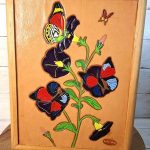 Groovy MCM Psychedelic Colorful Tooled Painted Leather Framed Butterflies and Flowers 3d Signed Raised Multicolor Relief Wall Art
