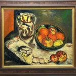 Fruit and cigarettes Still Life, Handmade Antique Original oil canvas painting, Expressive 1920’, Framed