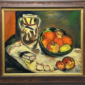 Fruit and cigarettes Still Life, Handmade Antique Original oil canvas painting, Expressive 1920’, Framed